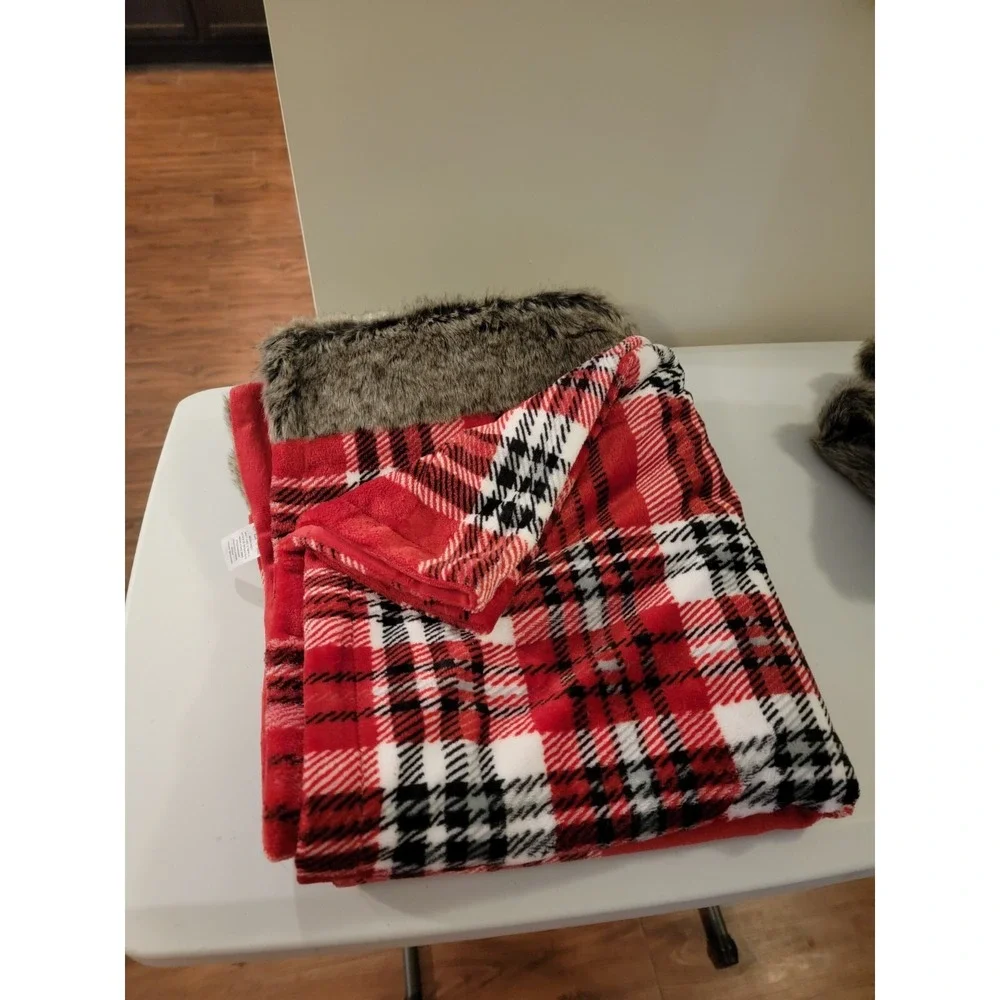 Red Plaid Throw & Pillow Cover With Fury Trim